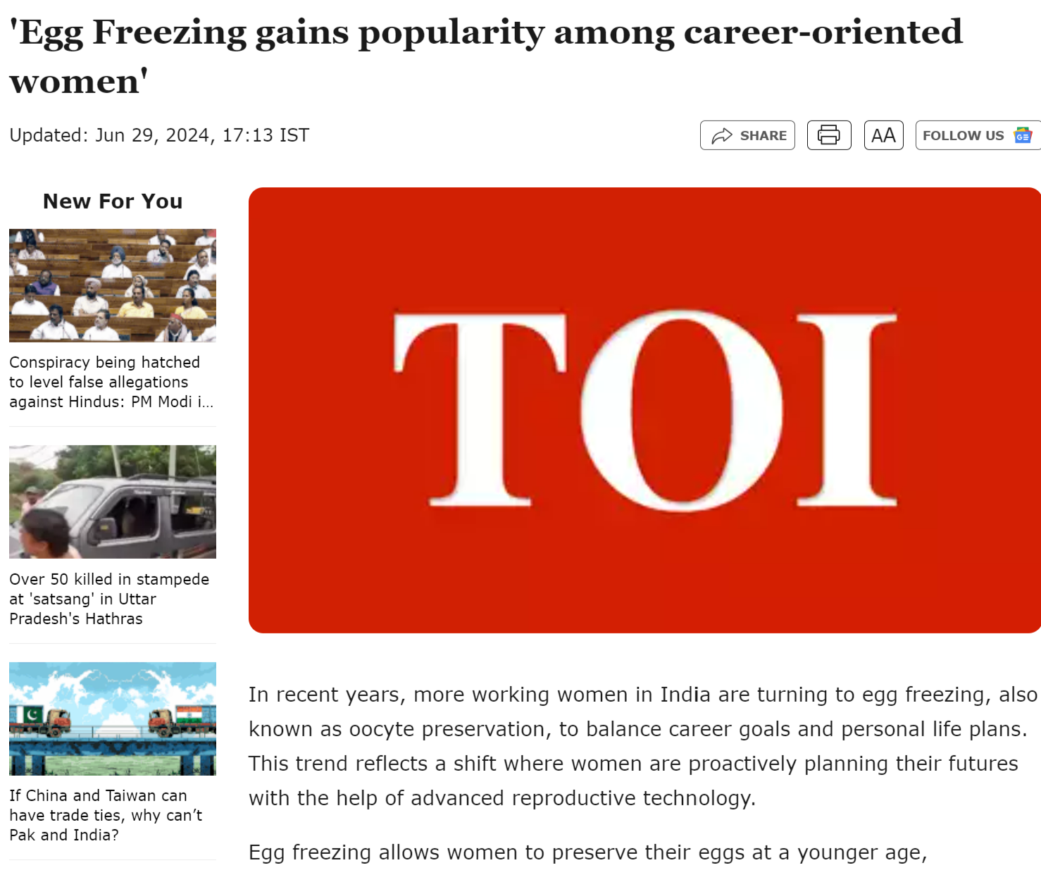 Egg Freezing gains popularity among career-oriented women- Dr. Jyoti Bali Article in TOI